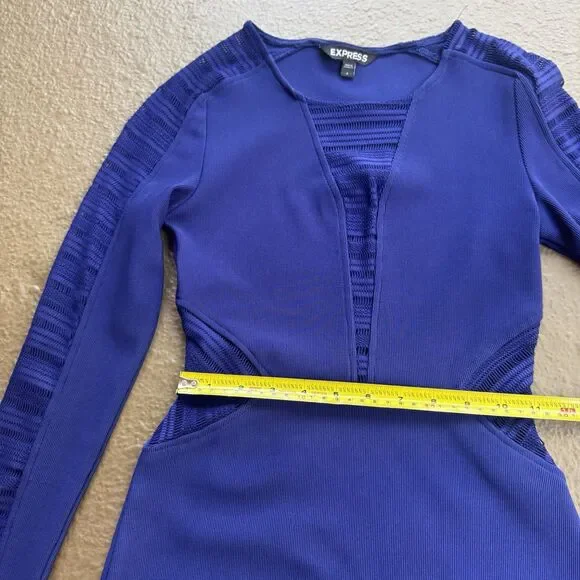 Express Midi Royal Blue Bodycon Body shape W Mesh Cutouts Dress Sz 2 - Picture 7 of 14